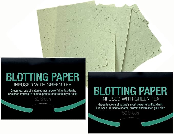 2 Pks GREEN TEA INFUSED Soothing Natural Abaca Blotting Paper - 100 Oil Blotting Sheets - Makeup Friendly UNISEX Oily Skin Shine Blotter Photography Zoom Meetings Travel Gym School - MADE IN TAIWAN-GlimoraGlow