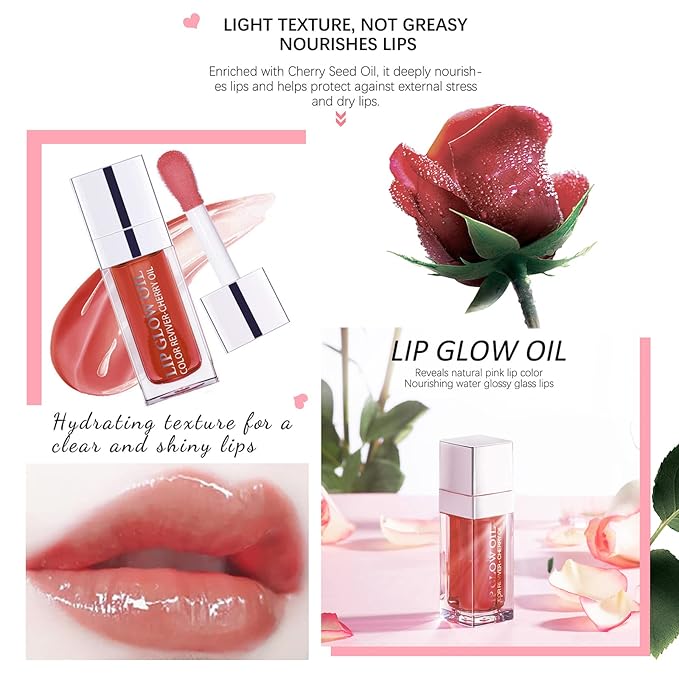 2 Set Lip Oil Hydrating Tinted Lip Balm, Plump Lip Gloss Lip Care Transparent Toot Lip Oil Tinted, Fresh Texture & Non-sticky, Nourishing Repairing Lightening Lip Lines Lip Care Products (Pink / Rosewood)-GlimoraGlow