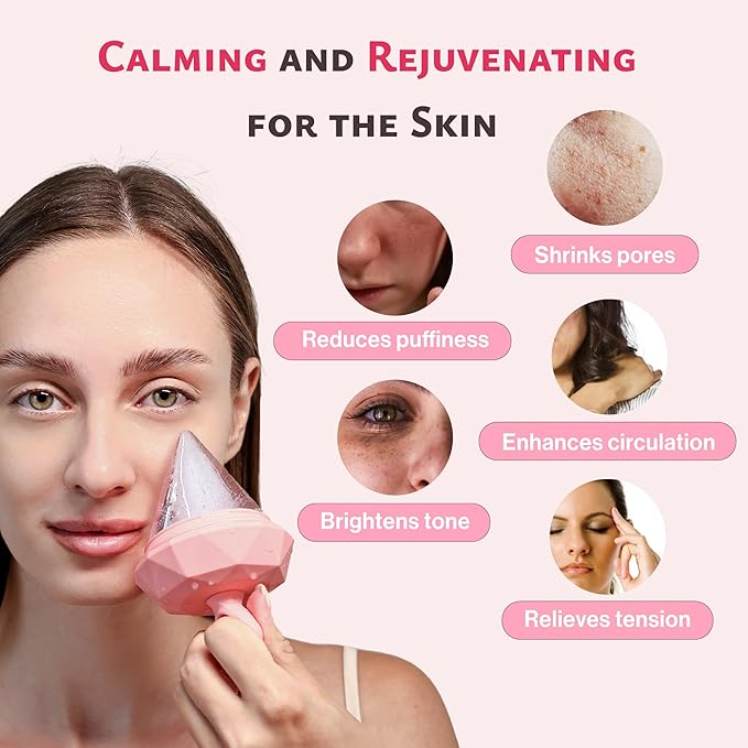 Rena Chris Ice Roller for Face: Diamond Ice Facial Roller, Reach Detailed Areas, De-Puff Eye Bags, Reusable Silicone Massage Ice Mold with Face Wash Wristband, Skin Care Tools for Women(Pink)-GlimoraGlow
