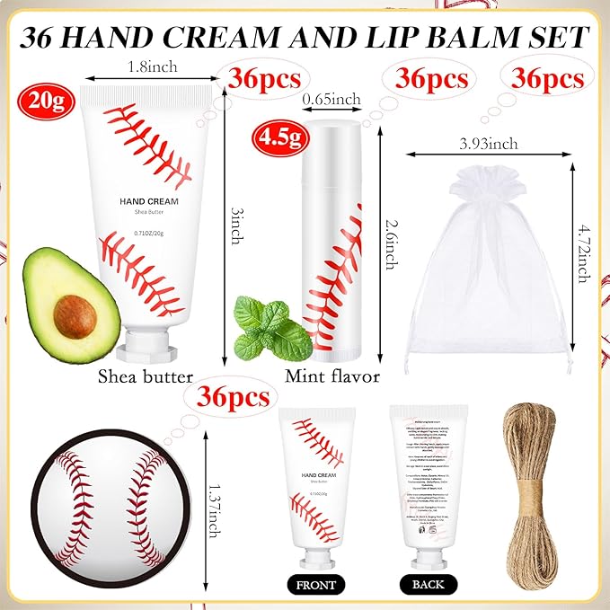 144 Pcs Baseball Lip Balm Hand Cream Set Baseball Party Supply, Include 36 Baseball Lip Balm 36 Moisturizing Hand Cream 36 Baseball Bag 36 Baseball Card and Rope for Baseball Accessories Gifts-GlimoraGlow