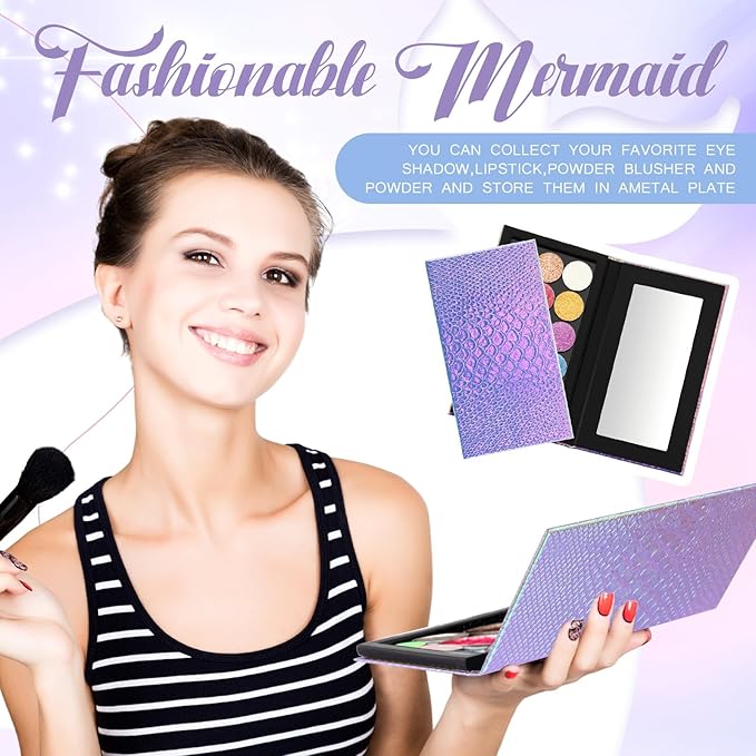 2 Pieces Magnetic Palette Mermaid Empty Palette with Mirror and 36 Pcs Adhesive Metal Empty Palette Stickers Large Mermaid Makeup Empty Palette for Eyeshadow Lipstick Blush Powder-GlimoraGlow