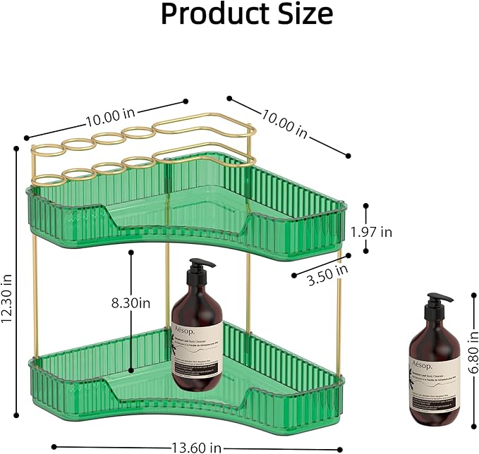 2 Tier Corner Bathroom Organizer Countertop, Vanity Makeup Organizer with Brush Holder, Space-Saving Skincare Storage Corner Shelf for Bathroom, Dressing Table, Kitchen-GlimoraGlow
