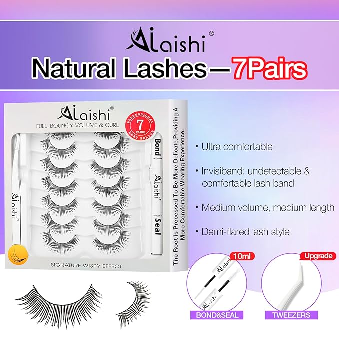 Wispy False Eyelashes Kit With Bond, Seal and Tweezer, 7 Pairs Natural Look Fake Cat Eye Lashes Strips Thin Band Extensions Waterproof Easy Eyelashes for Beginners DF2-GlimoraGlow