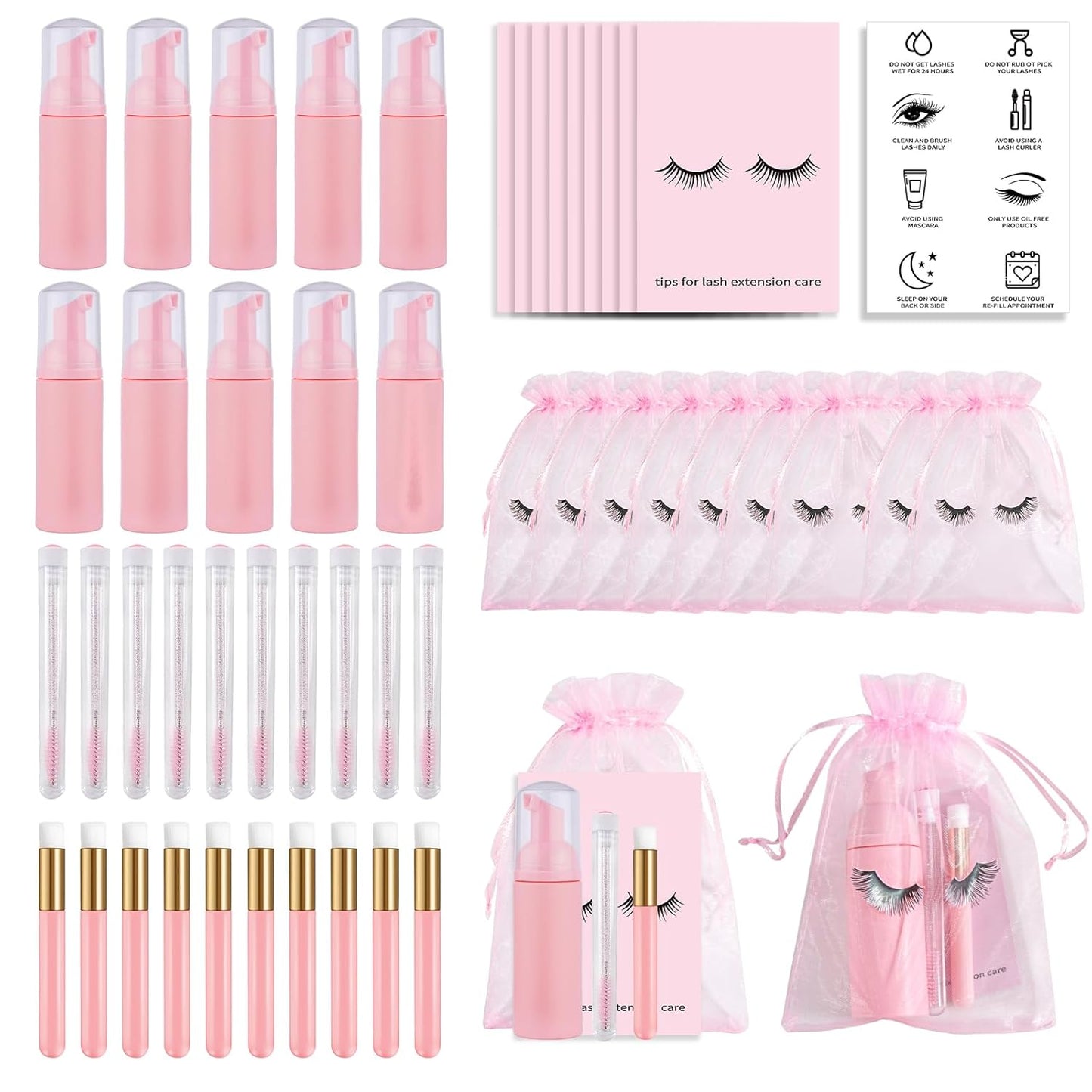50PCS Lash Shampoo Bottles Brushes Set, Empty Lash Shampoo Bottle, Lash Cleaning Brush, Eyelash Extension Tube Brush, Instructions Cards, Aftercare Bags for Lash Business Clients (50pcs in pink)-GlimoraGlow