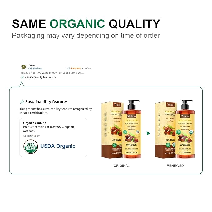 Yoken 32 fl oz (EWG Verified) 100% Pure Jojoba Carrier Oil - Unrefined, Hexane-Free, Cold Pressed for Skin, Face, Hair, Nails, and Massage-GlimoraGlow