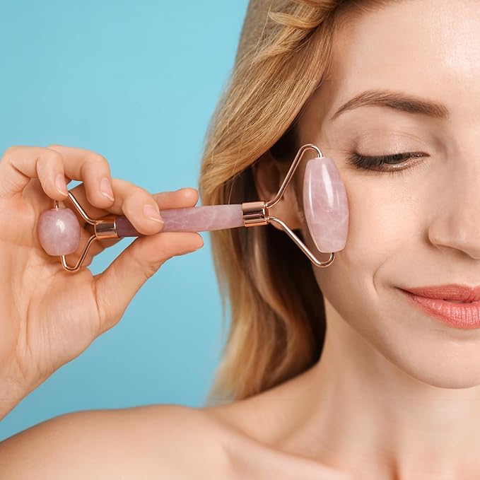 Yobee Face Roller Massager, Rose Quartz, Gua Sha Anti Aging Wrinkles Puffiness Acupressure Facial Skin Care Gift for Women-GlimoraGlow