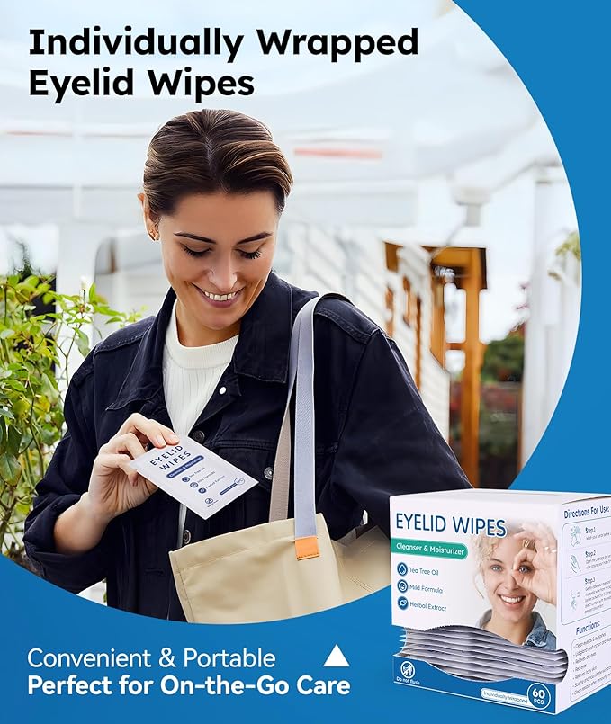 60-Count Eyelid Cleansing Wipes for Dry Eye & Blepharitis, tea tree oil Pre-Moistened Hypoallergenic EyeWipes for Sensitive Itchy Eyes, Individually Wrapped Eyelid Wipes Travel Essentials-GlimoraGlow