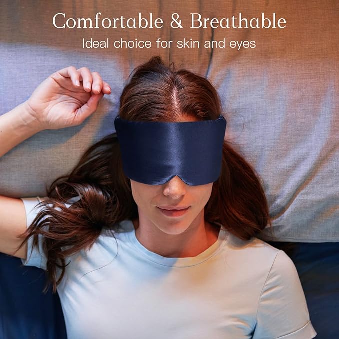 100% Natural Silk Eye Mask for Women Men, Soft Pressureless Cooling Blackout Eye Covers for Sleeping, Large Size Sleep Mask fits All Heads Adjustable, 1PC, Navy Blue-GlimoraGlow
