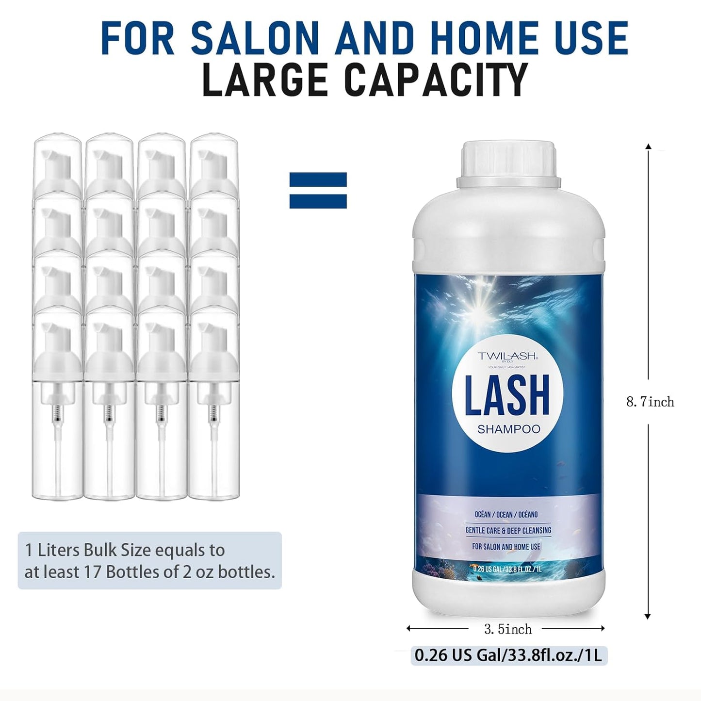 Lash Shampoo Bulk, Eyelash Cleanser for Extensions 1 Liters, Safe Makeup Remover, Non-irritating or Burning Formula Eyelid Foaming Cleanser for Professional Salon and Home Use (Ocean-1L)-GlimoraGlow