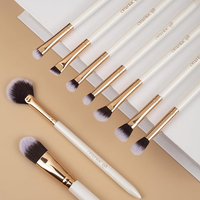 OMANIAC Makeup Brush Set Professional, 12 Pearlescent Wood Handle Makeup Brushes, Premium Cruelty-Free Synthetic Fiber Hair, Travel Make up Brushes Set with Case (White).-GlimoraGlow