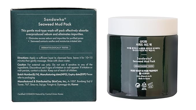 SKINCURE Vegan Seaweed Mud Mask, Korean skincare Blackhead Remover Clay Mask for Pore Cleansing with Kaolin & Bentonite, Oil Control & Gentle Exfoliation, 3.5oz-GlimoraGlow