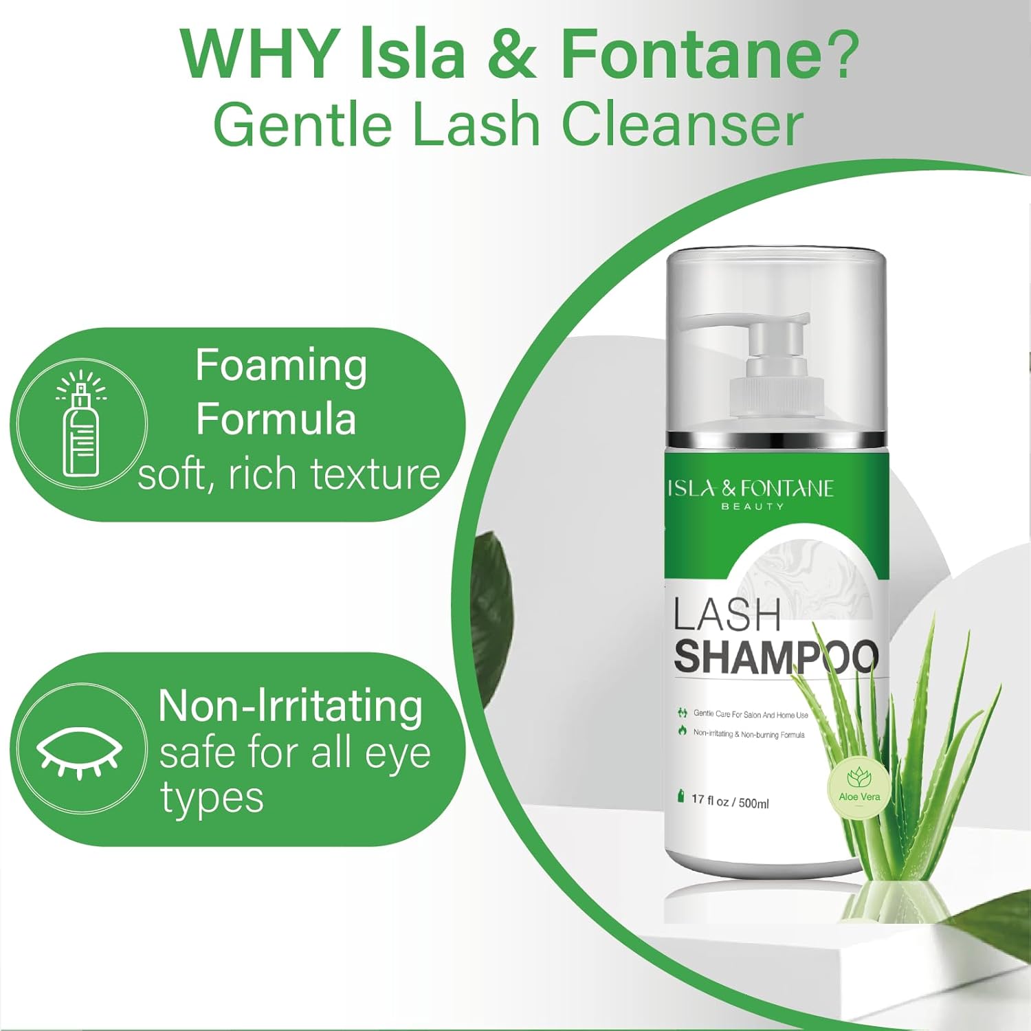 Isla & Fontane Lash Shampoo Bulk – Multi-Scent Series – 17 fl oz / 500ml | Gentle Eyelash Cleanser for Lash Extensions | Non-Irritating | Professional Lash Bath Foam For Salon And Home Use (Aloe Vera)-GlimoraGlow