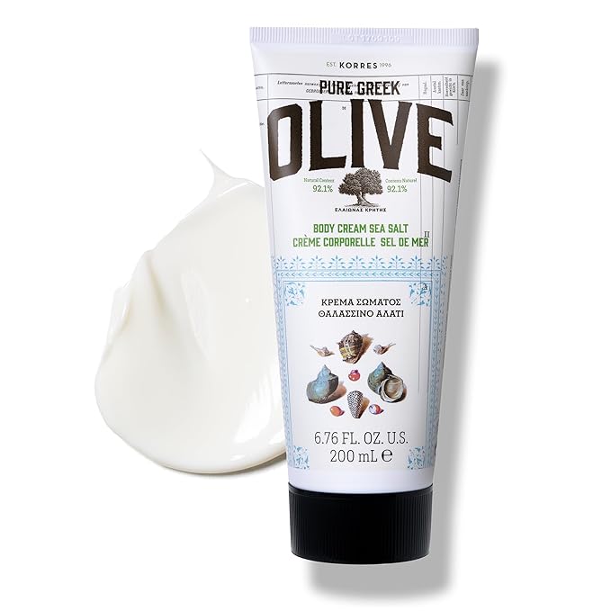 KORRES Olive Body Lotion for Dry Skin, Moisturizer Cream with Vitamin E, Aloe and Pure Greek Olive Oil for Body Care, Hydrating and Nourishing for Smooth, Supple Skin, Sea Salt Scented, 6.76 fl oz-GlimoraGlow