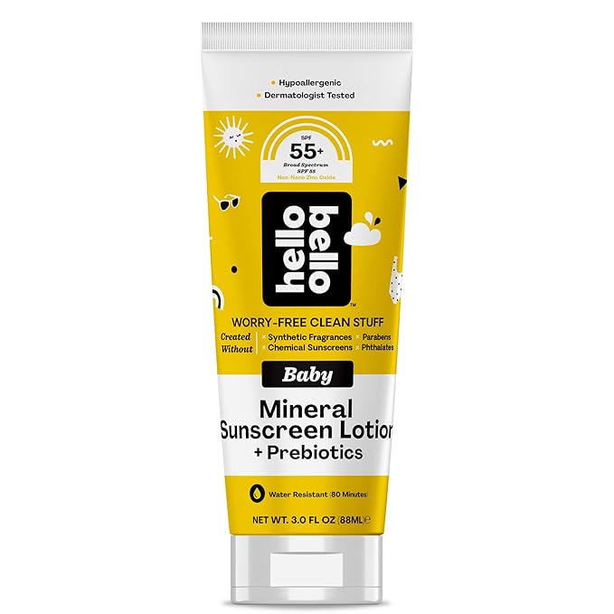 Hello Bello Mineral SPF 55 Sunscreen Lotion with Prebiotics, Water Resistant and Reef Friendly Sun Protection for Babies and Kids, 3 fl oz (Pack of 1)-GlimoraGlow