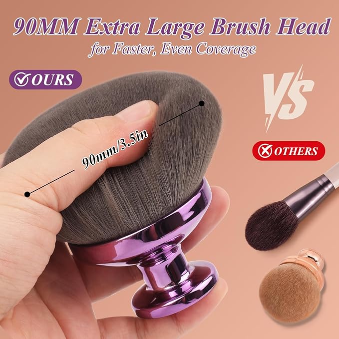 90MM Extra Large Self Tanner Kabuki Makeup Brush – Ultra Soft Dense Vegan Bristles for Body Makeup, Bronzer & Foundation–Applies Tanning Mousse, Lotion & Self Tanner，Wet & Dry (Purple)-GlimoraGlow