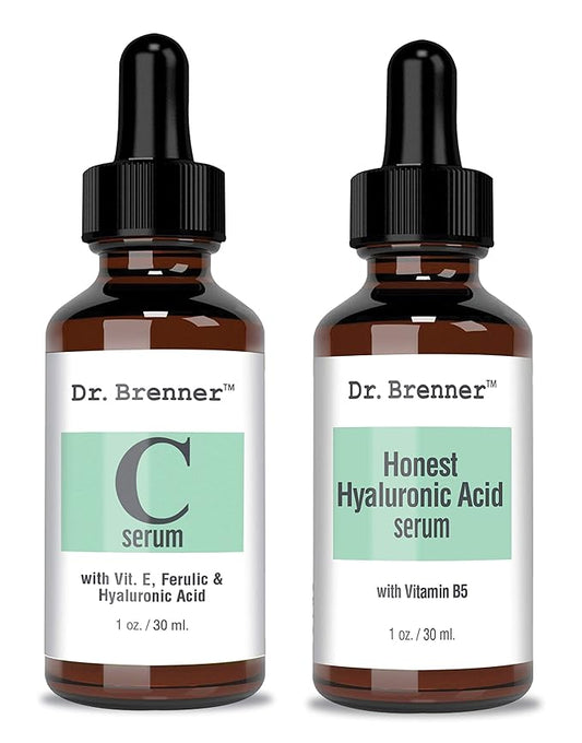Vitamin C Serum 20% Pure L-Ascorbic Acid, Ferulic Acid, Vitamin E and HA and Hyaluronic Acid Serum with Vitamin B5 for Face and Eyes Natural Anti Aging Anti Wrinkle Set of 2 by Dr. Brenner-GlimoraGlow