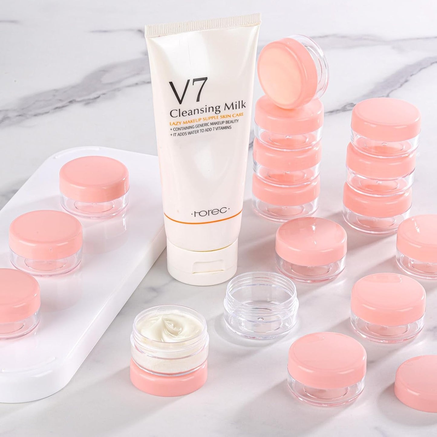 100 Count Sample Containers with Lids, 10 Gram Small Plastic Makeup Jars Lip Scrub Cosmetic Container - Pink-GlimoraGlow