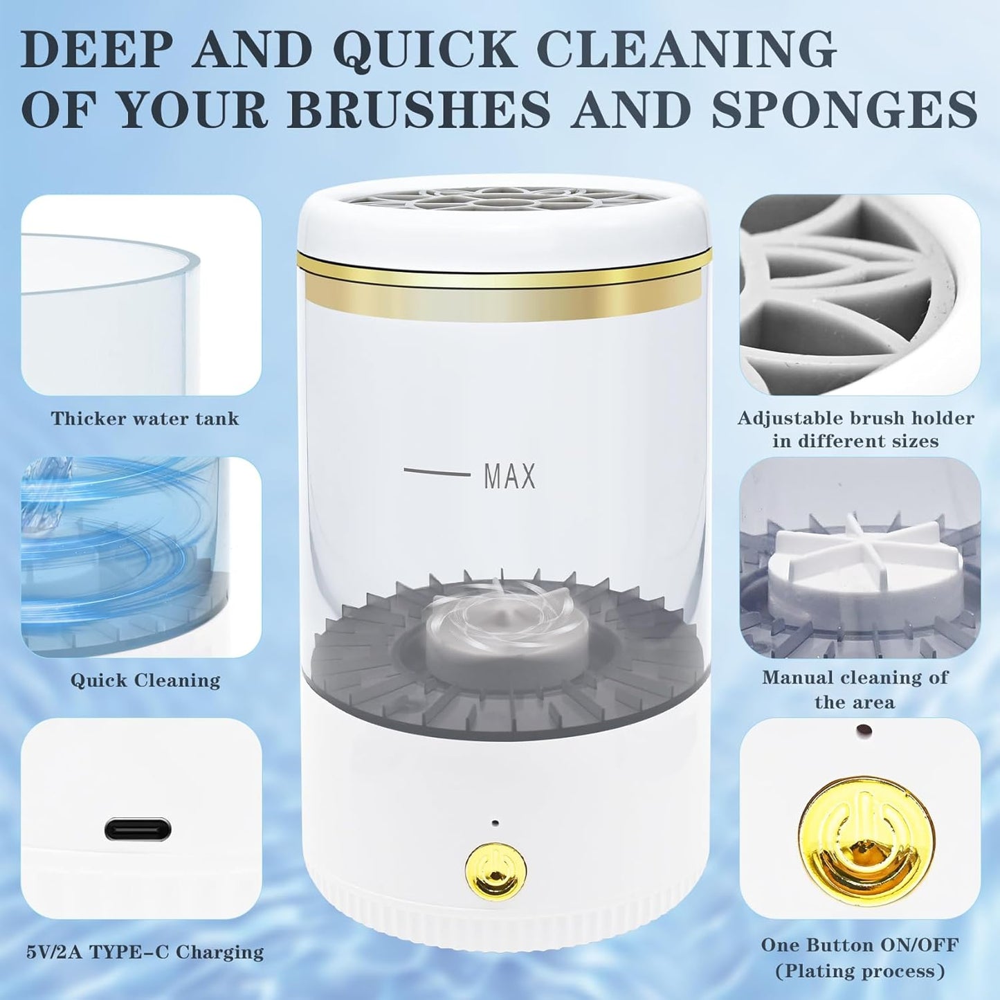 Makeup Brush Cleaner,Low noise and 8000 RPM Electric Makeup Brush Cleaner Machine for Deep Cleaning,Automatic Spinning Cosmetic Brush Cleaner for All Size Makeup Brushes and Sponges(White)-GlimoraGlow