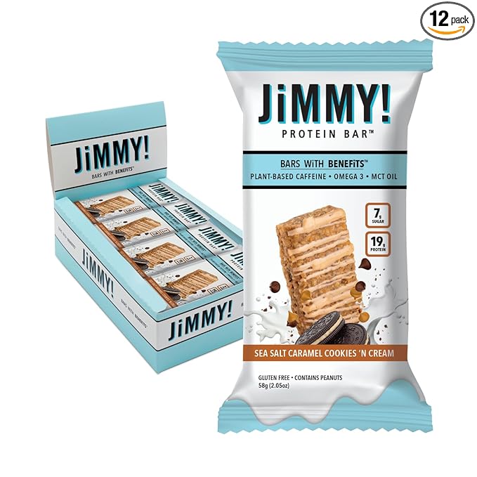 JiMMYBAR! - Sea Salt Caramel Cookies N' Cream - 19g High Protein Bars - 7g Sugar - 12 Count - 58g Health Bars - Natural Peanut Butter Core - Caffeinated Protein Bar For Energy- Hand Drizzled Chocolate-GlimoraGlow