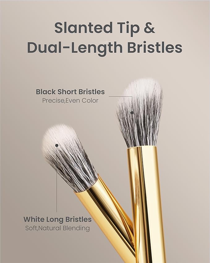 Desert Oak Series Stippling Brush - Dual-Length White & Gray LambsGoat Hair Bristles, Sloped Edge for Cream/Powder Perfection, Ebana Handle & Brass Ferrule (CM 168)-GlimoraGlow