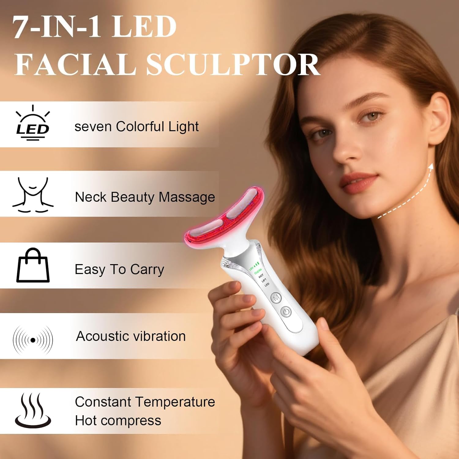2025 New 7 in 1 Face Massager Tool, Red Light Therapy for Face and Neck, Portable Face Lift Device, Neck Massager for Double Chin Reducer-GlimoraGlow