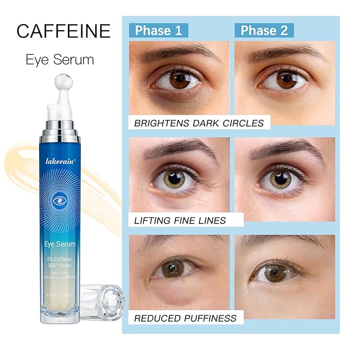 5% Caffeine Eye Serum with 360° Eye Massage Roller Eye Serum for Dark Circles & Relieve Puffiness, Reduce Wrinkles and Fine Lines, Eye Bags, Tighten Lifting Brightening Under Eye Cream-0.5 OZ-GlimoraGlow