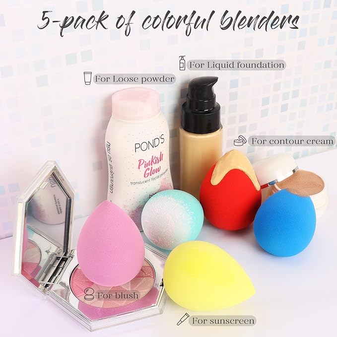 BEAKEY Makeup Sponge 5 Pcs Set, Latex-Free and Soft Boun Boun Beauty Sponge for Blending, Makeup Sponges for Foundation, Liquid, Cream and Powder. Blender for Enhanced Make Up Application-GlimoraGlow