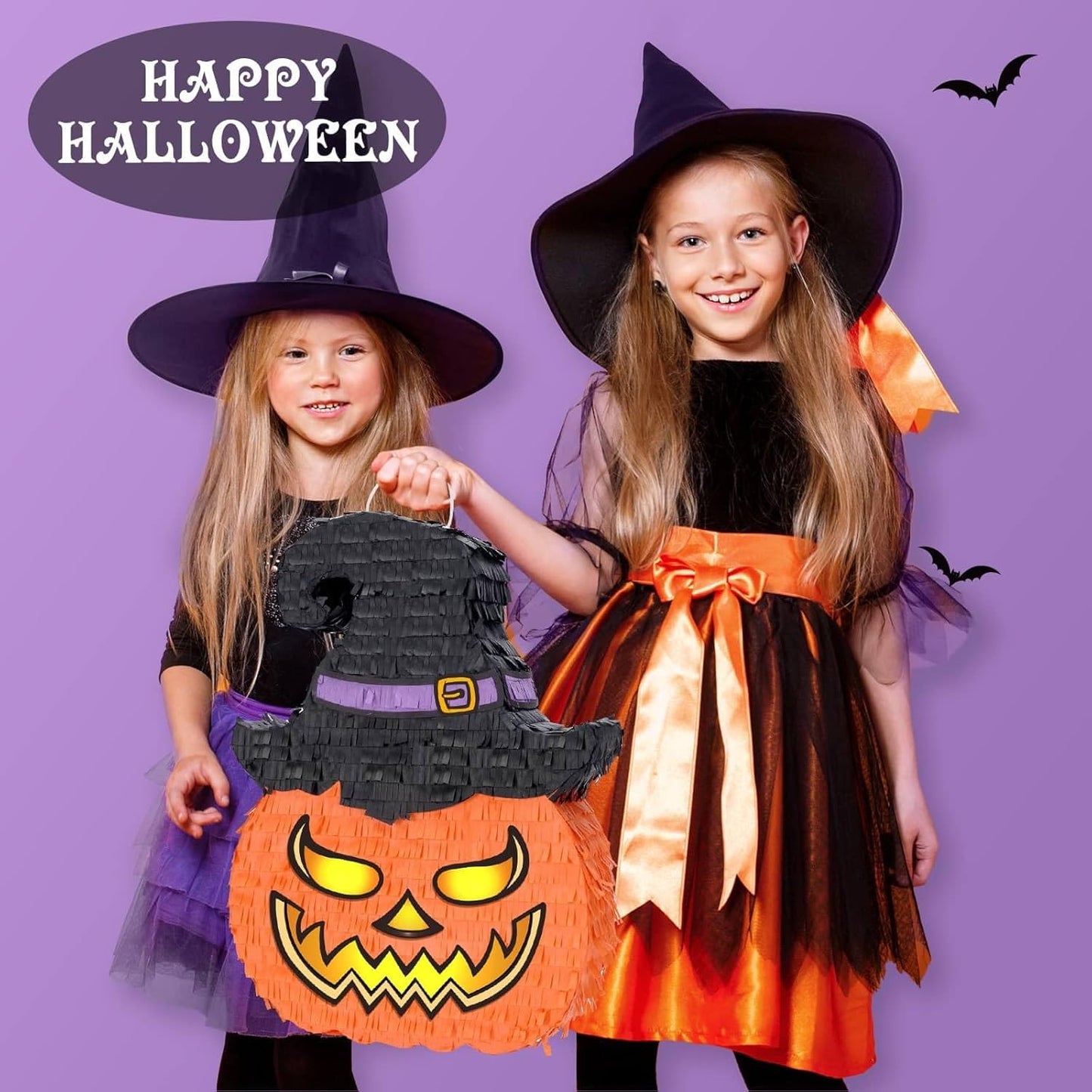 WERNNSAI Halloween Pumpkin Piñata - Wicked Pumpkin Pinata Halloween Jack O Lantern decorations for Kids Trick or Treat Costume Party Pumpkin Games with Bat Blindfold