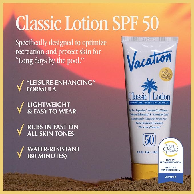 Vacation Classic Sunscreen Lotion SPF 50 & Air Freshener Bundle, Water-Resistant, Lightweight, Transparent on All Skin Tones, Dermatologist-Tested, Vegan, Travel Size, 3.4 Fl. Oz.-GlimoraGlow