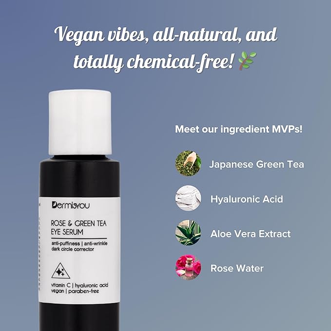 Eye Serum Anti Aging Rose and Green Tea 1.33 OZ with Hyaluronic Acid, Vitamin C and E Anti Puffiness, Anti Wrinkle, Dark Circles Skin Care Products (PACKAGING MAY VARY)-GlimoraGlow