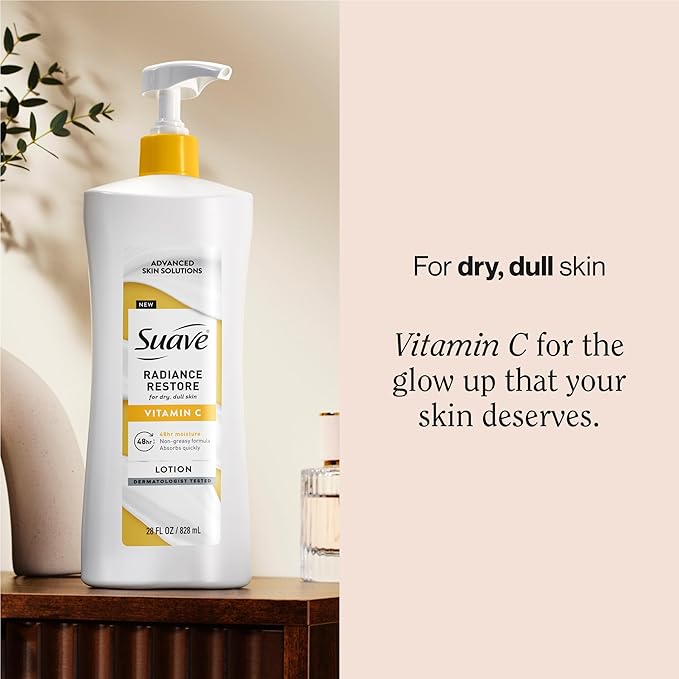 Suave Radiance Restore Hand & Body Lotion For Women With Vitamin C, Brighten & Hydrate Dry, Dull Skin, Non Greasy, Moisturizing Cream Evens Skin Tone, Allergen Free, 28 FL OZ Pump, 4 Pack-GlimoraGlow