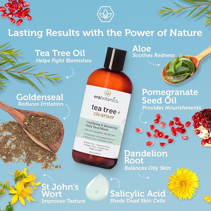 Era Organics Purifying Tea Tree Oil Face Wash - Balancing Cleanser for Oily, Blemish-Prone Skin with Salicylic Acid - Sulfate-Free, Fragrance Free, Made in USA-GlimoraGlow