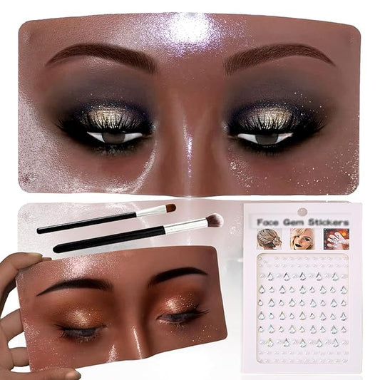 Silicone Makeup Mannequin Face, Makeup Practice Face Board for Makeup Artist Supplies, Mannequin Face for Makeup Practice with Makeup Brushes Rhinestones Sticker(Black)-GlimoraGlow
