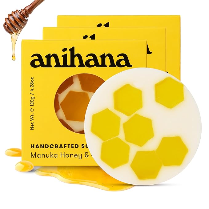 ANIHANA Handcrafted Soap 3 Pack with Coconut Oil, Gentle Cleansing Paraben Free Cruelty Free Refreshing Manuka Honey & Goat Milk Scent 4.23 oz each-GlimoraGlow