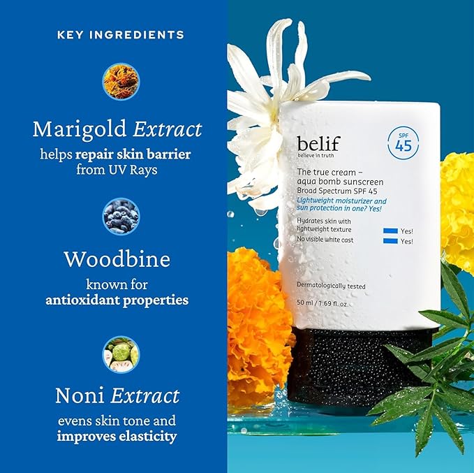 belif Aqua Bomb SPF 45 Hydrating Niacinamide Sunscreen (1.69 fl. oz) - The True Cream PA++++, Daily Broad Spectrum, No White Cast, Weightless & Invisible, Non-Greasy, Korean Skincare-GlimoraGlow