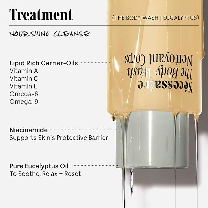 Nécessaire The Body Wash Eucalyptus - Natural Body Wash for Women & Men, Replenishing Shower Gel with Niacinamide, Vitamin C/E + Omega 6/9. Oil-In-Gel Cleanse, 8.4 fl oz.-GlimoraGlow