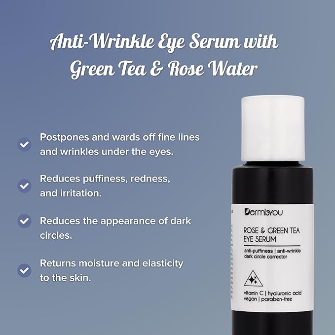 Eye Serum Anti Aging Rose and Green Tea 1.33 OZ with Hyaluronic Acid, Vitamin C and E Anti Puffiness, Anti Wrinkle, Dark Circles Skin Care Products (PACKAGING MAY VARY)-GlimoraGlow
