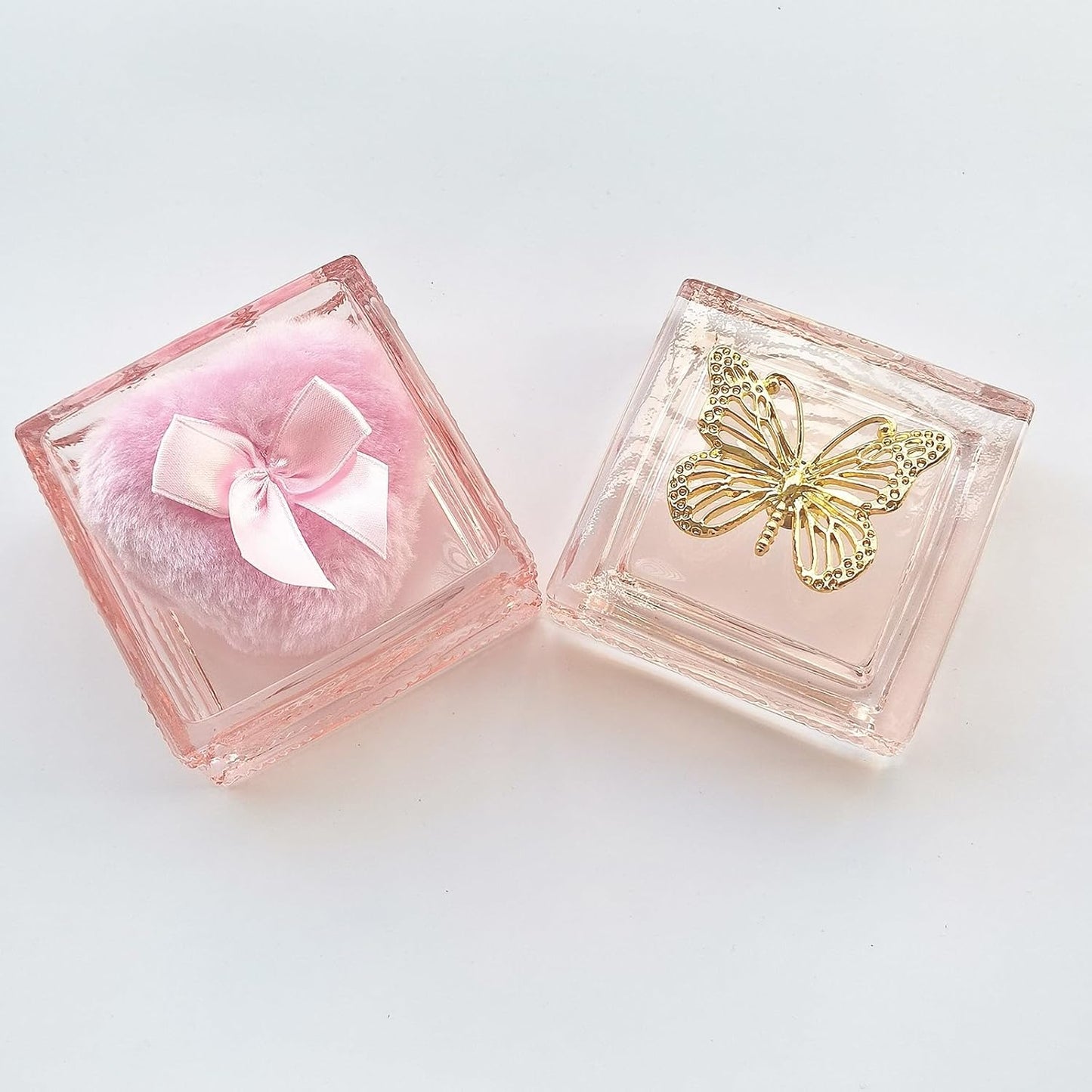 Body Powder Puff and Container - Glass Dusting Powder Container with Soft Puffs Vintage Powder Puff Case for Women & Girls (3.23x3.23x2.95 H IN) - GRB016-Pink-GlimoraGlow