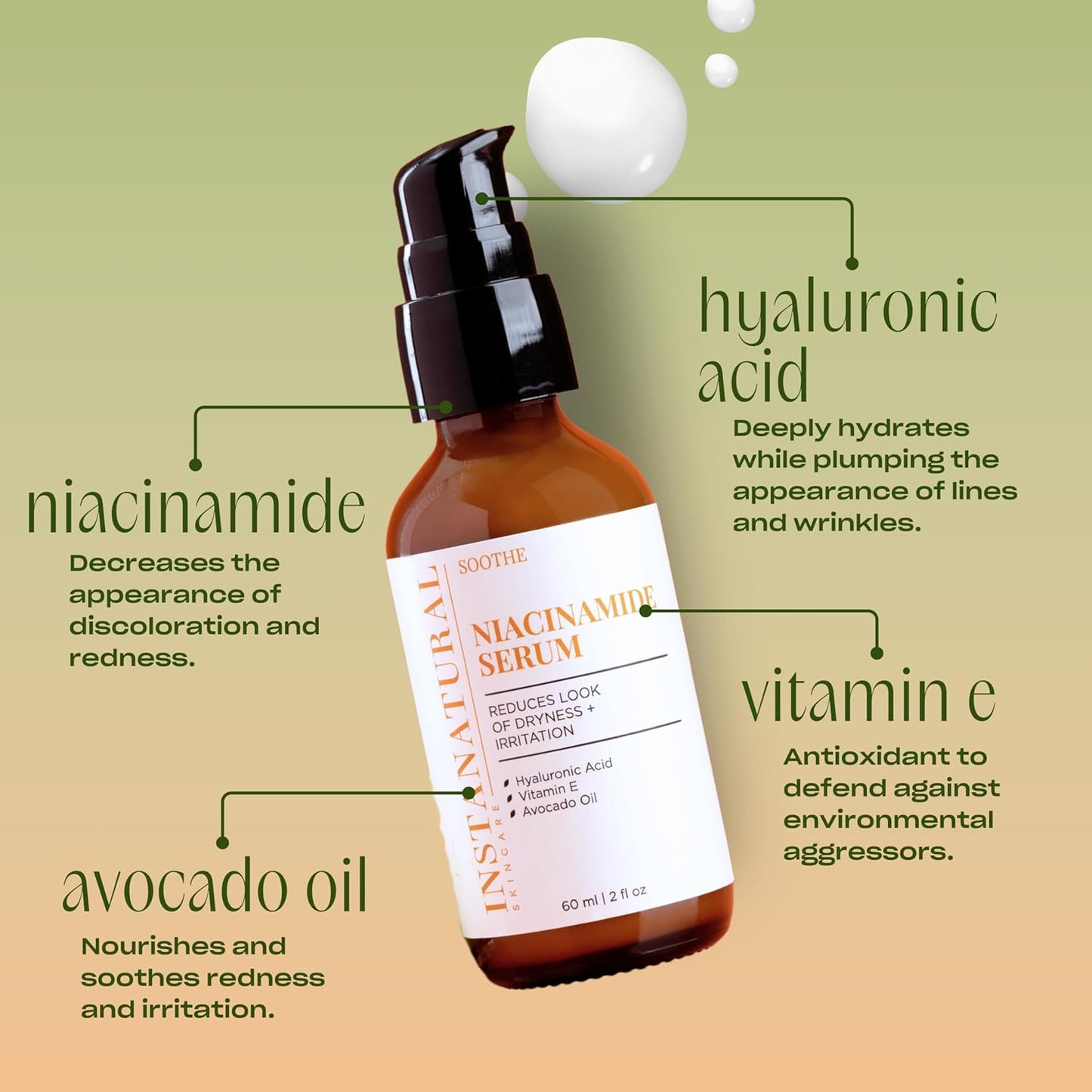 InstaNatural Niacinamide Face Serum, Hydrates, Soothes, Reduces Irritation, Redness, Lines, Wrinkles, and Other Signs of Aging, with Hyaluronic Acid and Vitamin E, 2 Fl Oz-GlimoraGlow