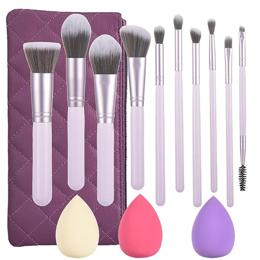 10 Piece Purple Makeup Brushes Set and 3 Piece Makeup Sponge - Wooden Handle with Soft Synthetic Bristles, for Face & Eye Makeup | Professional Cosmetic Brushes | Includes Travel Pouch-GlimoraGlow