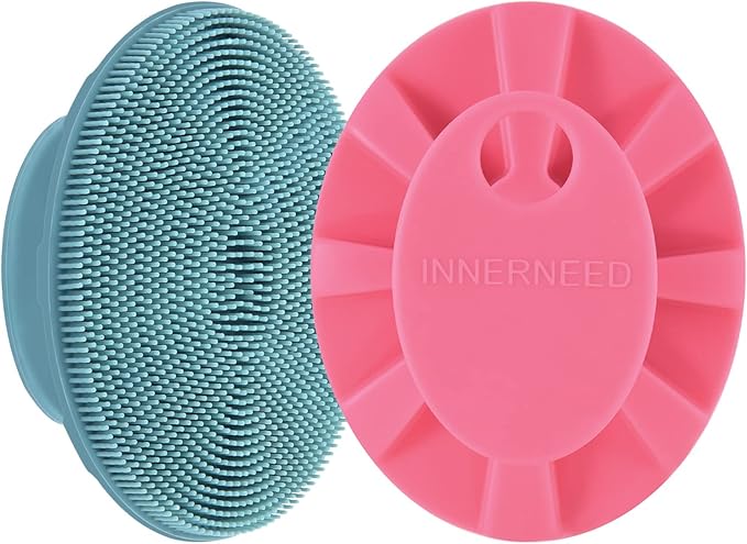 INNERNEED Silicone Face Scrubber, Exfoliating Brush Manual Handheld Facial Cleansing Brush Blackhead Remover, Food-Grade Soft Bristles (Dark Green+Pink)-GlimoraGlow