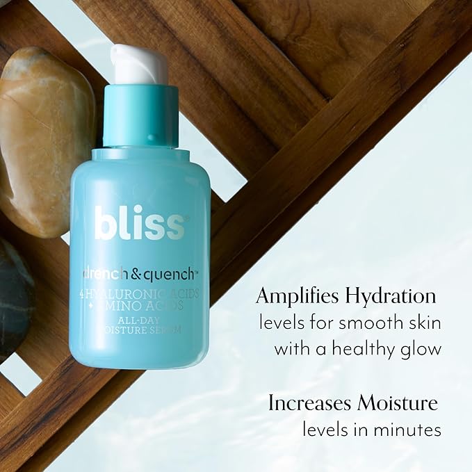 Bliss Hyaluronic Acid Drench & Quench Facial Serum – Hydrating Serum for Dry, Sensitive Skin - Lightweight Gel Formula for Deep Hydration & Plump Skin - Clean, Cruelty-Free - 1 Fl Oz-GlimoraGlow