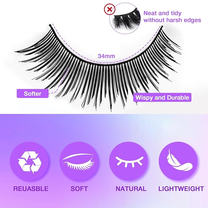Wispy False Eyelashes Kit With Bond, Seal and Tweezer, 7 Pairs Natural Look Fake Cat Eye Lashes Strips Thin Band Extensions Waterproof Easy Eyelashes for Beginners DF2-GlimoraGlow