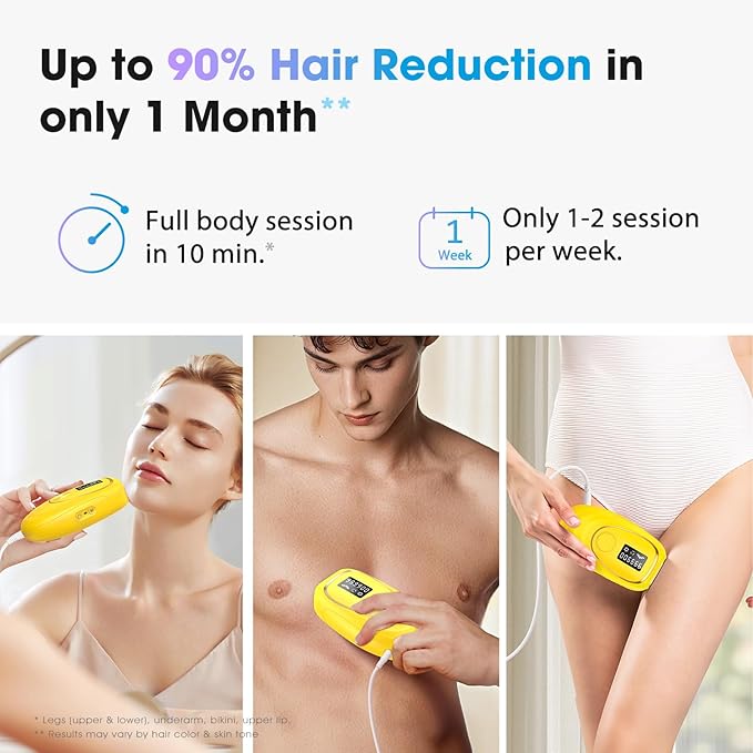 IPL Laser Hair Removal Device for Women & Men - Home 45°F Ice-Cooling Contact for Painless & Long-Lasting Results, 86% Hair Reduction in 3 Weeks for Full Body & Bikini Line, Light Yellow-GlimoraGlow