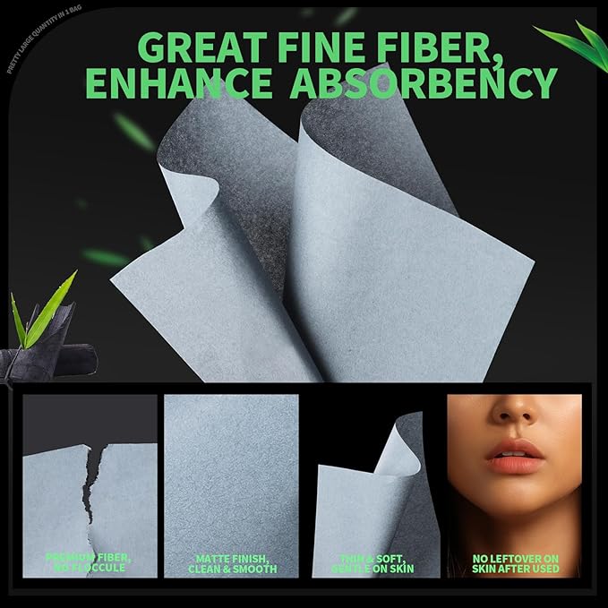 Blotting Paper for Oily Skin, Natural Bamboo Charcoal Blotting Paper, Oil Blotting Sheets for Face, 100 * 70MM Large Oil Absorbing Sheets Makeup Face Tissues, 200 Counts-GlimoraGlow