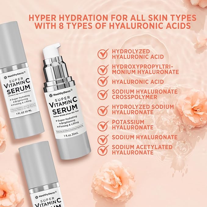 Super Vitamin C Serum for Women Over 70: Niacinamide, Vitamin C, Hyaluronic Acid, Peptides, Vitamin E, Caffeine, Bakuchiol, Hydrating, Lifting, Wrinkle & Age Spots Reduction Pack of 3-GlimoraGlow