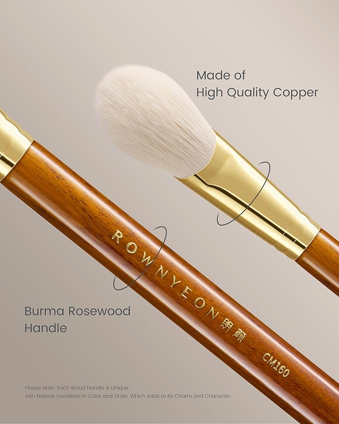 Desert Oak Series CM 160 Angled Blush Brush for Cheeks – Ideal for Powder & Cream Blush, Golden Brass Ferrule, Ebana Bubinga Handle, Soft Nylon Bristles-GlimoraGlow
