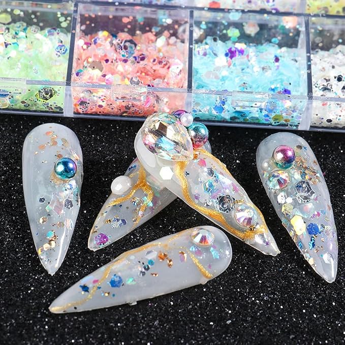12 Grids Flaky Nail Art Glitter Sequins 3D Heart-Shaped Butterfly Ultra Thin Nail Art Sparkly Flake Designs Moon Stars Decorations Nail Glitter Sequins Suitable for Female Girl Nail Art Techniques-GlimoraGlow