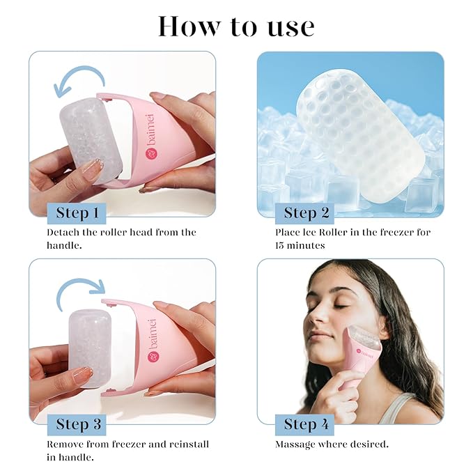 BAIMEI IcyMe Ice Roller for Face and Gua Sha Facial Tool Set, Ice Face Roller Reduces Puffiness Relieves Migraines Skin Care Tools, Self Care Gift for Women - Pink-GlimoraGlow
