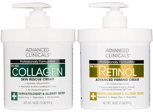 Advanced Clinicals Retinol Body Lotion + Collagen Cream Fragrance Free Face Moisturizer & Body Cream 2pc Skincare Set For Women & Men Helps Reduce Appearance Of Crepey Skin, Wrinkles, & Dry Skin, 2pc-GlimoraGlow